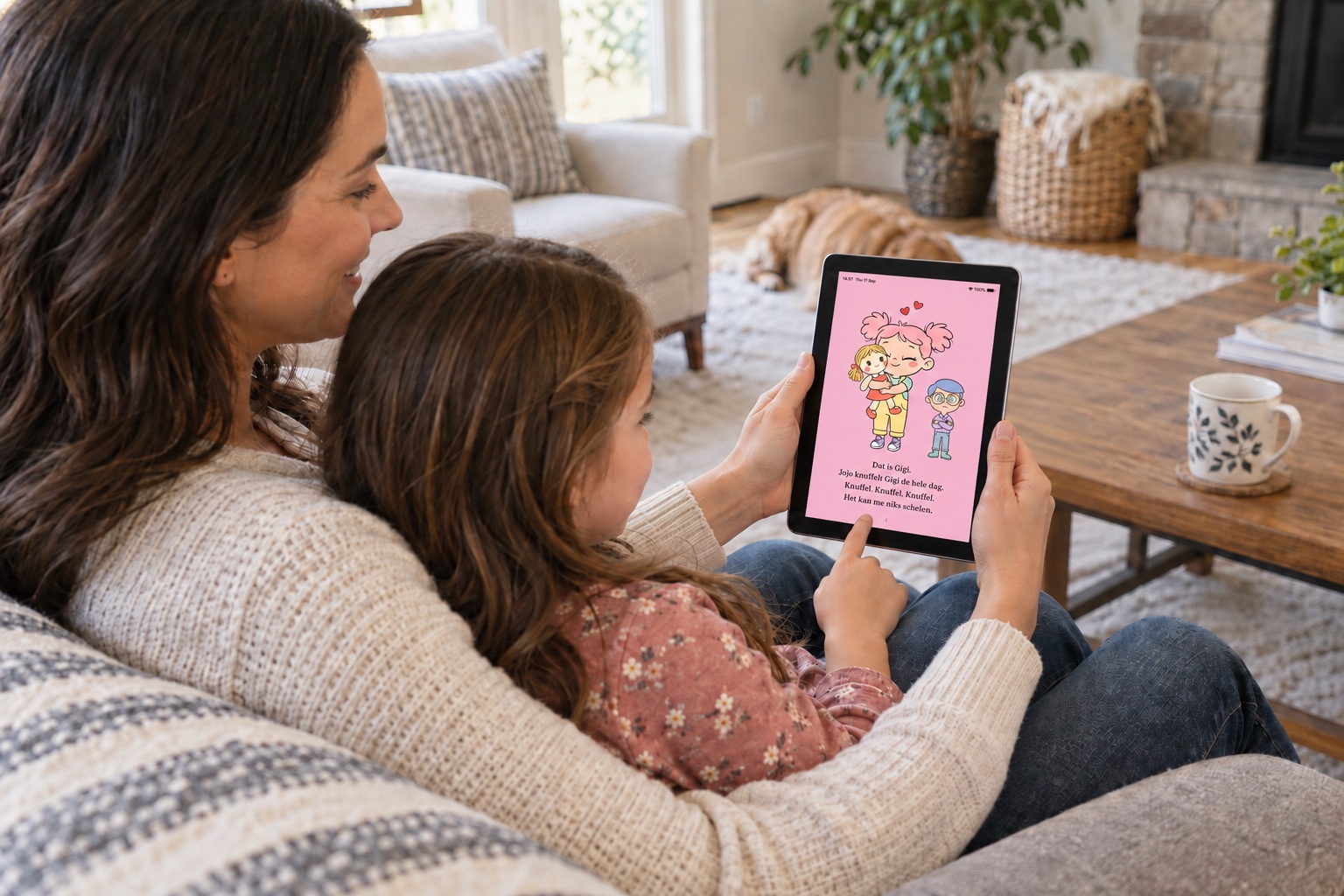 A parent and child reading a Nebula picture book together on an iPad at home